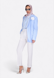 Model wearing EastVibe designer rose gold scarf, front view – East Vibe